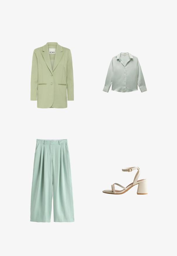 Lichtgroene blazer van zacht materiaal, met een notch-kraag, twee knopen en twee voorzakken met biesdetails.; Lichtgroene blouse met lange mouwen gemaakt van gladde stof. Heeft een klassieke kraag en knopen aan de voorkant, met manchet mouwen.; Lichtgroene wijde broek met een hoge taille, voorplooien, riemlussen en zijzakken, getoond tegen een witte achtergrond.; Beige hakken sandaal met twee gekruiste banden en een enkelsluiting. Vierkante blokhak en een gladde textuur met een semi-matte afwerking.