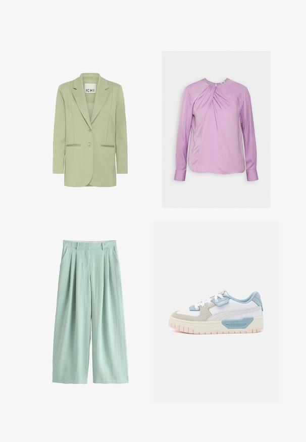 Hellgrüner Blazer aus weichem Stoff, mit Reverskragen, zwei Knöpfen und zwei vorderen Taschen mit Paspelierung.; Twist & Tango BRENDA BLOUSE - Bluse - lilac; Hellgrüne, weit geschnittene Hose mit vorderen Falten, Gürtelschlaufen, Seitentaschen und verdecktem Frontverschluss.; Sneaker mit einem Obermaterial aus weißem Leder, hellblauen Akzenten, beigen Wildlederpaneelen und einer strukturierten rosa Gummisohle; gesticktes Logo an der Seite.