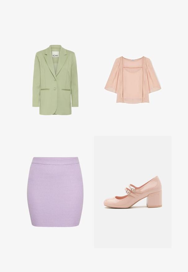 Blazer vert clair en tissu doux, doté d'un col cranté, de deux boutons et de deux poches avant avec des détails en piping.; Blouse rose pâle transparente avec de larges manches trois-quarts et des coutures décoratives verticales à l'avant et autour de l'encolure.; Mini-jupe en maille côtelée violet clair avec taille élastique, silhouette ajustée et motif texturé simple.; Chaussures à talons hauts en cuir verni rose avec un bout arrondi, deux sangles à boucle réglables et un talon block transparent et épais.