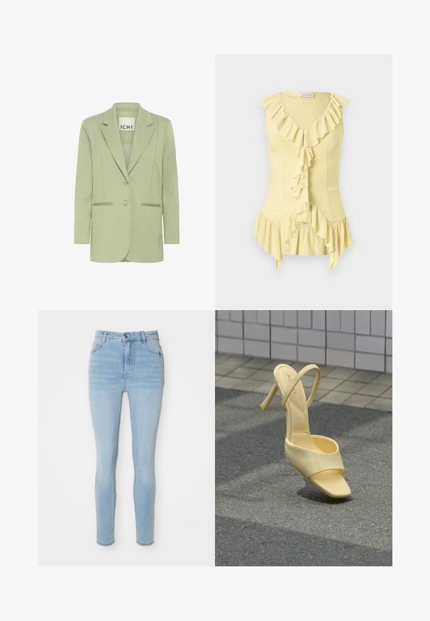 Lichtgroene blazer van zacht materiaal, met een notch-kraag, twee knopen en twee voorzakken met biesdetails.; Lichtgele mouwloze blouse met V-hals, gerimpelde rand langs de halslijn, het midden voor en asymmetrische zoom.; Lichtblauwe high-waisted skinny jeans van denim, met een voor sluiting met knoop, vijf zakken en een aansluitend ontwerp.; Gele sandaal met hoge hak, dunne band en open teen, rechtop geplaatst op een gestructureerd trottoir nabij een betegelde muur.