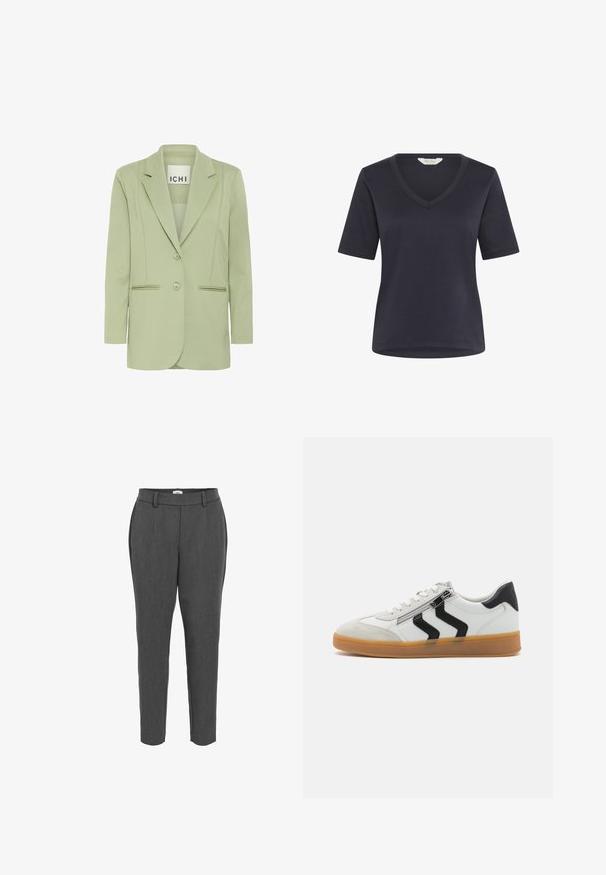 Lysegrøn blazer lavet af blødt stof, med reverskrave, to knapper og to forlommer med piping-detaljer.; Mørkeblå kortærmet V-hals T-shirt i blødt stof med en glat overflade og afslappet pasform. Enkel design uden mønstre eller detaljer.; Mørkegrå buks med skræddersyet pasform, der har en glat tekstur, sidelommer og en elastisk talje for komfort.; Hvide sneakers med sorte accenter, der har en tekstureret ruskinds tåhætte, sidelukninger og en gummirübbelsål. Klassisk low-top design.