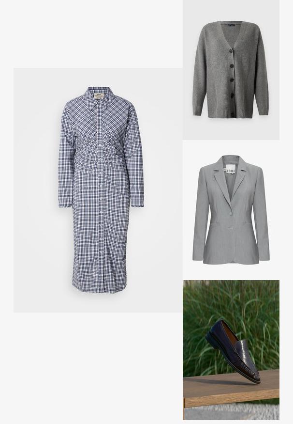 Helle graue Blazer mit Reverskragen, zwei Knöpfen und Seitentaschen. Aus strukturiertem Stoff mit taillierter Passform. Markenlabel sichtbar.; Grauer, gerippter Cardigan mit tiefem V-Ausschnitt, fünf schwarzen Knöpfen vorne und langen Ärmeln mit lässigem Schnitt.; Langärmliges, knöpfbares Hemdkleid in Blau- und Weißkaromuster. Verfügt über eine taillierte Taille und einen geraden Schnitt, aus leichtem Stoff gefertigt.; Glänzender dunkelbrauner Lederloafer, der auf einer Kante auf einer Holzbank balanciert, mit hohem grünem Gras im Hintergrund.