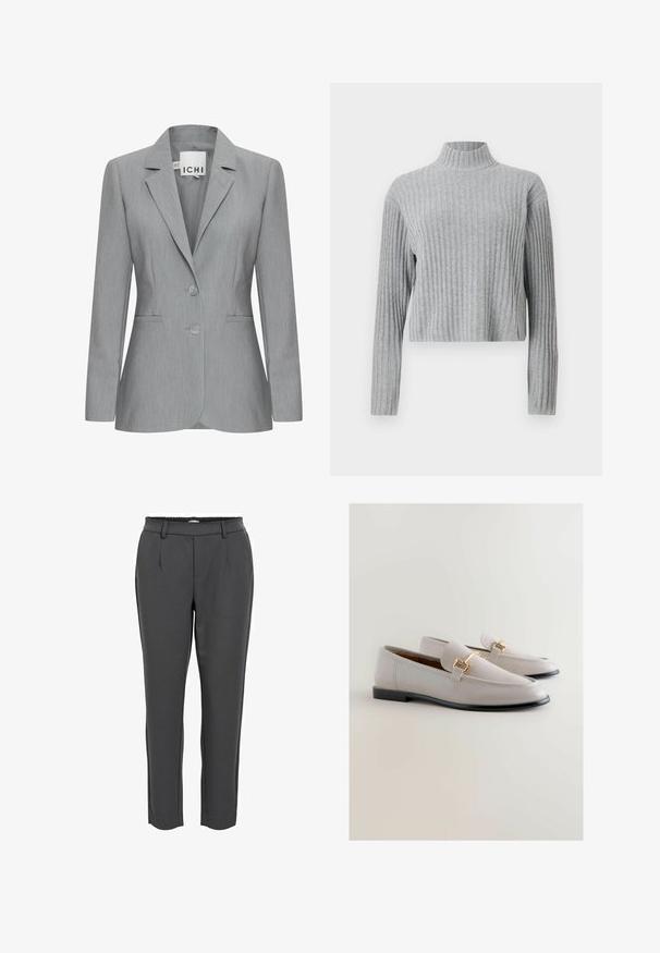 Helle graue Blazer mit Reverskragen, zwei Knöpfen und Seitentaschen. Aus strukturiertem Stoff mit taillierter Passform. Markenlabel sichtbar.; Grau gerippter Rollkragenpullover mit langen Ärmeln, cropped Saum, weicher Textur und taillierter Passform. Keine sichtbaren Beschläge oder Muster.; Dunkelgraue, schmal zulaufende Hosen mit glatter Textur, elastischem Bund, zwei Vorderfalten und knöchellangem Design.; Hellgraue Lederloafers mit einem eleganten Design, das goldfarbene Hardware-Akzente und eine schwarze Sohle aufweist. Glatte Textur und spitz zulaufende Schuhform.