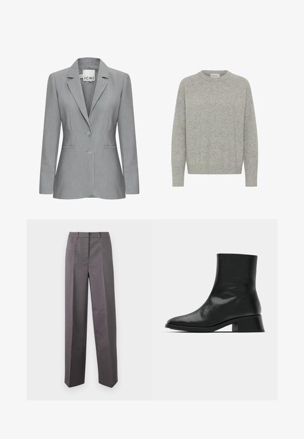 Helle graue Blazer mit Reverskragen, zwei Knöpfen und Seitentaschen. Aus strukturiertem Stoff mit taillierter Passform. Markenlabel sichtbar.; Hellgrauer Pullover mit Rundhalsausschnitt aus weichem, strukturiertem Stoff. Verfügt über lange Ärmel sowie gerippte Bündchen und Saum und bietet eine lockere Passform.; Grau maßgeschneiderte Hose aus strukturiertem Stoff, mit geradem Bein, flacher Vorderseite und Gürtelschlaufen.; Schwarze Ankle Boots aus glänzendem Leder, mit einem eleganten Design, spitzer Zehenpartie und einem moderaten Blockabsatz für Stabilität.