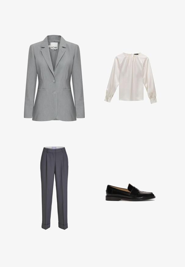 Lys grå blazer med spillet revers, to knapper og sidelommer. Fremstillet i tekstureret stof med en skræddersyet pasform. Mærkeetiket synlig.; Hvid satinbluse med lange ærmer, rund halsudskæring og indsamlet detalje. Har let puffede ærmer og en glat tekstur.; Mørkegrå skræddersyede bukser med lige ben, plisseret for og opsmøgte manchetter. Lavet af glat stof med en klassisk talje.; Sorte læder loafers med glat finish, afrundet tå og en dekorativ rem over fronten. Lav blokhælsdesign.
