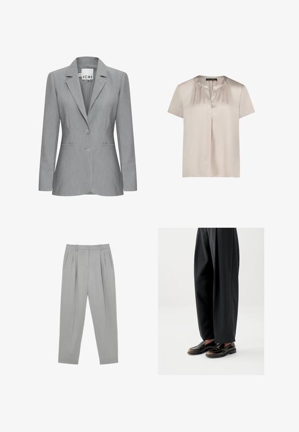 Lys grå blazer med spillet revers, to knapper og sidelommer. Fremstillet i tekstureret stof med en skræddersyet pasform. Mærkeetiket synlig.; Beige, kortærmet satinbluse med rynket halsudskæring, V-udskæring foran og løs pasform, mærket "Betty Barclay" på kraveetiketten.; Lysegrå formelle bukser med frontplisser, sidelommer, bæltestropper og en tilspidset benform.; Sorte loafers med en blank læderfinish, der har en dekorativ rem over toppen, kombineret med løstsiddende sorte bukser.