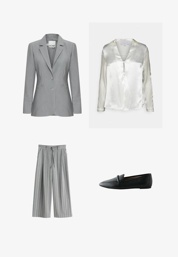 Helle graue Blazer mit Reverskragen, zwei Knöpfen und Seitentaschen. Aus strukturiertem Stoff mit taillierter Passform. Markenlabel sichtbar.; STUDIO ID ALYSSA - Bluse - champagne; Graue, hoch taillierte, weit geschnittene Hose mit dezenten vertikalen Streifen, Fronttaschen, einem Knopf und einem gebundenen Gürtel in der Taille.; Schwarzer flacher Lederloafer mit abgerundeter Spitze und einem Riemendetail über dem Spann, seitlich dargestellt.