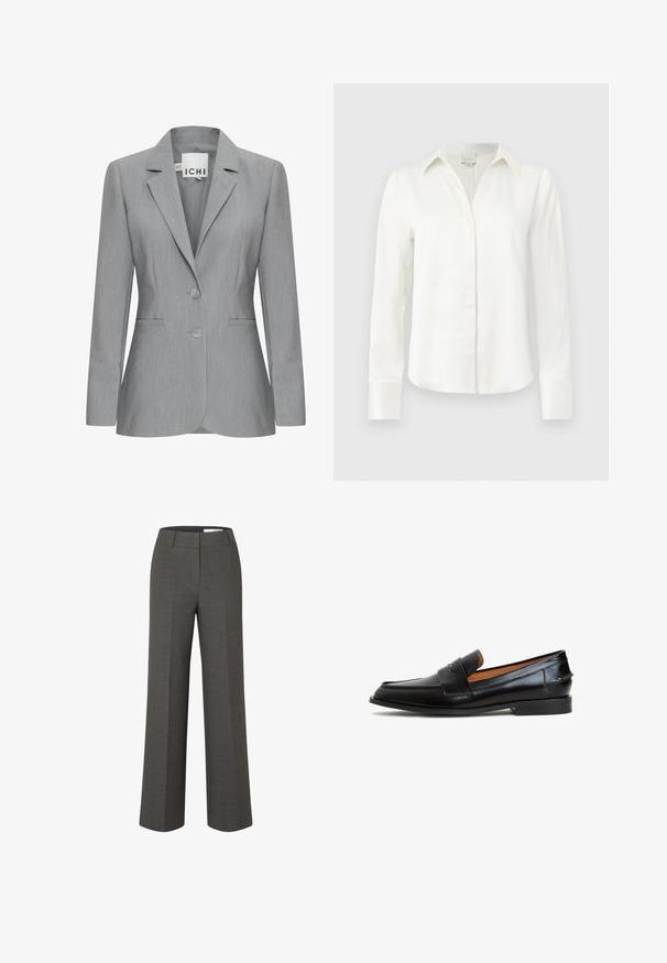 Blazer gris claro con solapa muesca, dos botones y bolsillos laterales. Hecho de una tela texturada con un corte ajustado. Etiqueta de la marca visible.; Blusa blanca de manga larga con cuello amplio, botones delanteros ocultos y puños abotonados, mostrada sobre un fondo claro y simple.; Pantalones anchos de pierna ancha de color gris oscuro a medida con pliegue frontal y cinturilla con presillas sobre fondo blanco.; Mocasines de cuero negro con un diseño elegante, que presentan una correa ancha en el empeine, puntera redondeada y suela plana. Textura suave con costuras mínimas.