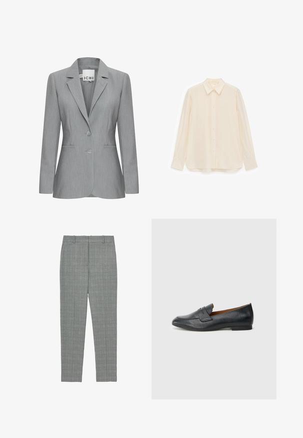 Helle graue Blazer mit Reverskragen, zwei Knöpfen und Seitentaschen. Aus strukturiertem Stoff mit taillierter Passform. Markenlabel sichtbar.; Cremefarbenes Hemd zum Knöpfen aus glattem Stoff, mit Kragen, langen Ärmeln und einem leicht abgerundeten Saum.; Grau karierte, tapered Hosen mit Gürtelschlaufen und flachem Frontdesign, gefertigt für eine taillierte Passform.; Schwarzer Lederloafer mit abgerundetem Zehenbereich, dezenten Ziernähten und flachem Absatz. Glatte Textur mit schlichter Silhouette.
