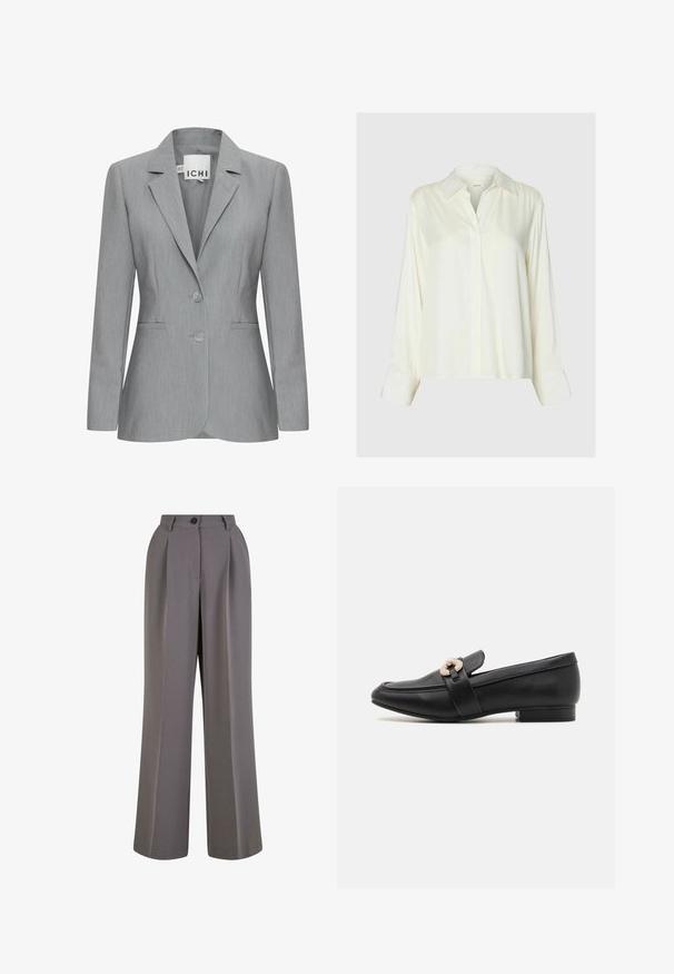 Lichtgrijze blazer met een gelapte revers, twee knopen en zijvakken. Gemaakt van gestructureerde stof met een getailleerde pasvorm. Merklabel zichtbaar.; Witte satijnen blouse met lange mouwen, klassieke kraag en verborgen knoopsluiting aan de voorkant, weergegeven op een effen lichtgrijze achtergrond.; Grijze broek met wijde pijpen, voorzien van voorplooien, een enkele knoopsluiting en zijzakken. Soepele stof en een net ontwerp.; Zwarte leren loafer met een lage hak, voorzien van een goudkleurige versierde band over de wreef en een glad, gestroomlijnd ontwerp.