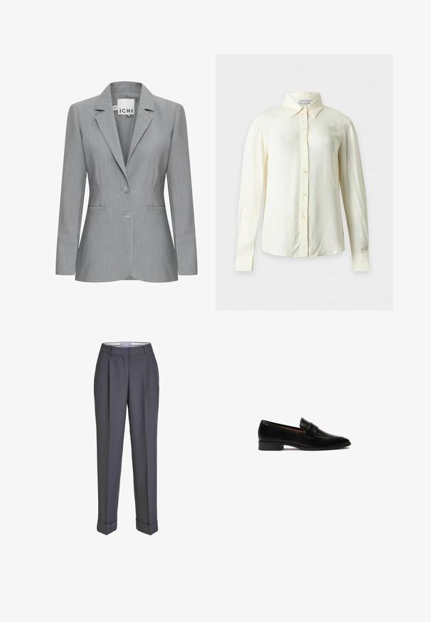 Lys grå blazer med spillet revers, to knapper og sidelommer. Fremstillet i tekstureret stof med en skræddersyet pasform. Mærkeetiket synlig.; Langærmet cremefarvet bluse med spids krave og knapper foran, vist på ensartet baggrund uden mønstre eller yderligere genstande.; Mørkegrå skræddersyede bukser med lige ben, plisseret for og opsmøgte manchetter. Lavet af glat stof med en klassisk talje.; Sorte læder loafers med flad hæl, der har en rektangulær rem over vampen og en glat, poleret overflade.