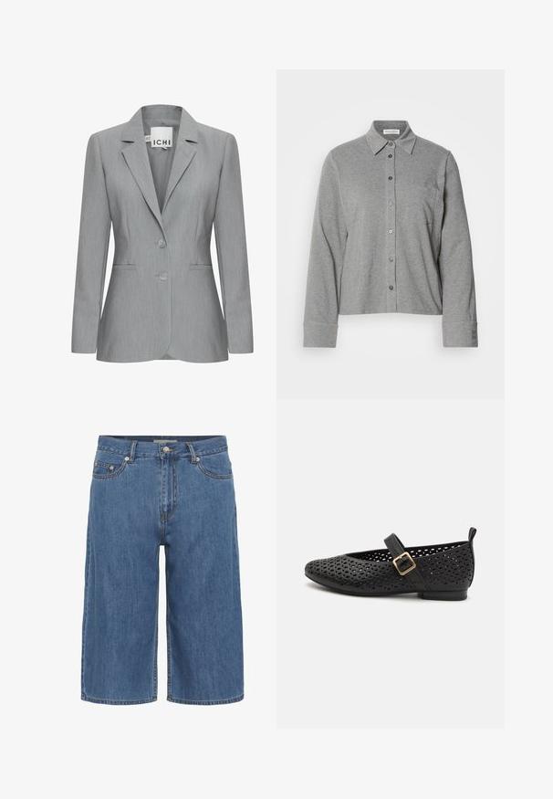 Lys grå blazer med spillet revers, to knapper og sidelommer. Fremstillet i tekstureret stof med en skræddersyet pasform. Mærkeetiket synlig.; Grå knap-op skjorte lavet af blødt stof, med krave, lange ærmer, en brystlomme og en knap-lukning ved ærmerne med logo detaljer.; Blå denim knælange shorts med forreste knaplukning, bæltestropper og traditionelt fem-lommer design.; Sorte perforerede balletflade sko med rund tå, spænde accent og flad hæl. Har et intrikat udskæringsdesign for åndbarhed.