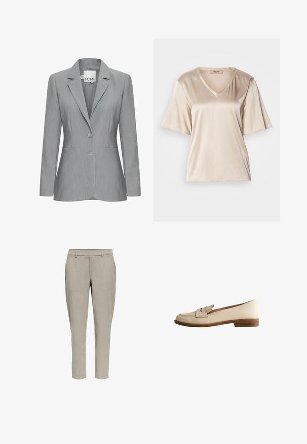 Blazer gris claro con solapa muesca, dos botones y bolsillos laterales. Hecho de una tela texturada con un corte ajustado. Etiqueta de la marca visible.; Camiseta de satén beige con escote en V, mangas cortas acampanadas y una textura suave. El diseño es simple, sin patrones ni adornos.; Pantalones ajustados de color gris claro con trabillas para cinturón, bolsillos laterales y corte recto, sobre un fondo blanco.; Mocasín de cuero beige con detalle de correa con bordes ondulados y tacón bajo de madera apilada, vista lateral sobre fondo blanco.