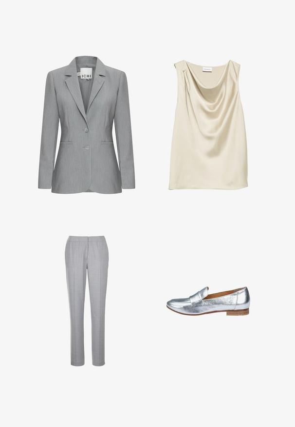 Helle graue Blazer mit Reverskragen, zwei Knöpfen und Seitentaschen. Aus strukturiertem Stoff mit taillierter Passform. Markenlabel sichtbar.; Ärmelloses cremefarbenes Satintop mit drapiertem Wasserfallausschnitt und einem kleinen Falten-Detail an einer Schulter.; Hellgraue Hose aus einem glatten, gewebten Stoff. Sie hat einen taillierten Schnitt, ein flaches Vorderdesign und keine sichtbaren Taschen.; Silberner, metallischer Loafer mit glatter Textur, abgerundetem Zehenbereich und minimaler Naht. Verfügt über einen niedrigen, gestapelten Absatz und ein weiches Innenfutter.