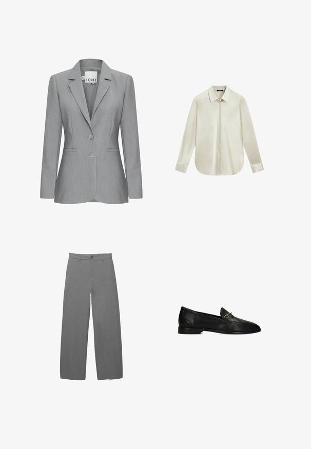 Lichtgrijze blazer met een gelapte revers, twee knopen en zijvakken. Gemaakt van gestructureerde stof met een getailleerde pasvorm. Merklabel zichtbaar.; Crèmekleurig overhemd met lange mouwen, knoopsluiting, spitse kraag en afgeronde zoom, getoond tegen een witte achtergrond.; Lichtgrijze broek met wijde pijpen van een gladde, gestructureerde stof, voorzien van een knoopsluiting aan de voorkant en riemlussen in de taille.; Zwarte leren instap loafer met lage hak en gouden metalen detail op het bovenwerk.