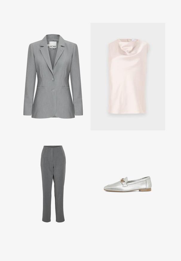 Blazer gris claro con solapa muesca, dos botones y bolsillos laterales. Hecho de una tela texturada con un corte ajustado. Etiqueta de la marca visible.; Top sin mangas de aspecto sedoso en un suave beige con un escote drapeado en forma de cuello de cisne. Cuenta con una cremallera trasera discreta y una textura lisa y brillante.; Pantalones gris oscuro a medida con un diseño de pierna recta, que cuentan con pliegues en la cintura y una textura de tela suave. Sin hardware o adornos visibles.; Mocasines de cuero plateado con un acabado texturizado, presentando un acento de herrajes en tono dorado en la parte frontal y un tacón bajo y plano.