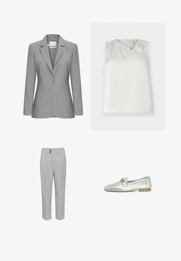 Helle graue Blazer mit Reverskragen, zwei Knöpfen und Seitentaschen. Aus strukturiertem Stoff mit taillierter Passform. Markenlabel sichtbar.; Ärmellose weiße Bluse mit V-Ausschnitt, dezenten Falten an den Schultern und Reißverschluss hinten, vor neutralem Hintergrund präsentiert.; Hellgraue Hose mit maßgeschneiderter Passform, ausgestattet mit zwei vorderen Falten, einer glatten Textur und doppeltem Knopfverschluss am Bund.; Silberner Lederloafer mit strukturiertem Finish, ausgestattet mit einem goldfarbenen Hardwareakzent an der Vorderseite und einem niedrigen, flachen Absatz.