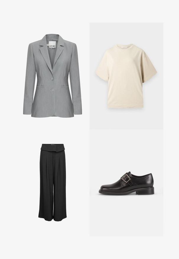 Lys grå blazer med spillet revers, to knapper og sidelommer. Fremstillet i tekstureret stof med en skræddersyet pasform. Mærkeetiket synlig.; Beige kortærmet t-shirt med rund hals og afslappet pasform, ensfarvet design, vist mod en neutral baggrund.; Sorte bukser med høj talje og vidde ben, med foldet linning og forreste læg, vist på en ensartet hvid baggrund.; Sorte læder herresko med rund tå, detaljer med sidelukning, og en struktureret sål, sat mod en simpel hvid baggrund.