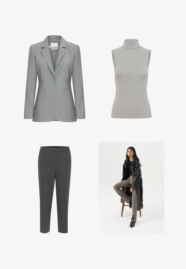 Lichtgrijze blazer met een gelapte revers, twee knopen en zijvakken. Gemaakt van gestructureerde stof met een getailleerde pasvorm. Merklabel zichtbaar.; Mouwloze coltrui in lichtgrijze geribbelde stof. Kenmerkt zich door een aansluitende pasvorm en hoog nekkraagontwerp. Gladde textuur met minimale details.; Grijze, op maat gemaakte broeken met een recht gesneden ontwerp, voorzien van een platte voorkant en zijzakken, gemaakt van een soepele stof.; Zwarte leren trenchcoat met knopen en riemdetails, gecombineerd met lichtbruine getailleerde broek en zwarte loafers, zittend op een houten kruk.