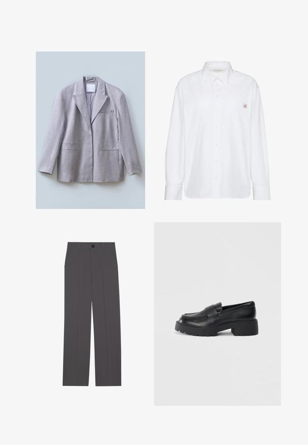 Blazer gris clair en tissu texturé avec un col cranté, une poche poitrine unique et deux poches avant, conçu avec une coupe décontractée.; Chemise blanche à manches longues avec boutons, col pointu et petit écusson logo Calvin Klein sur la poche poitrine gauche.; Pantalons gris avec une coupe droite, comprenant deux poches latérales et une fermeture à bouton. Tissu lisse sans motifs ni accents visibles.; Mocassins en cuir noir avec une finition texturée, dotés d'une sangle rectangulaire sur le dessus du pied et d'un design de semelle épaisse à relief.