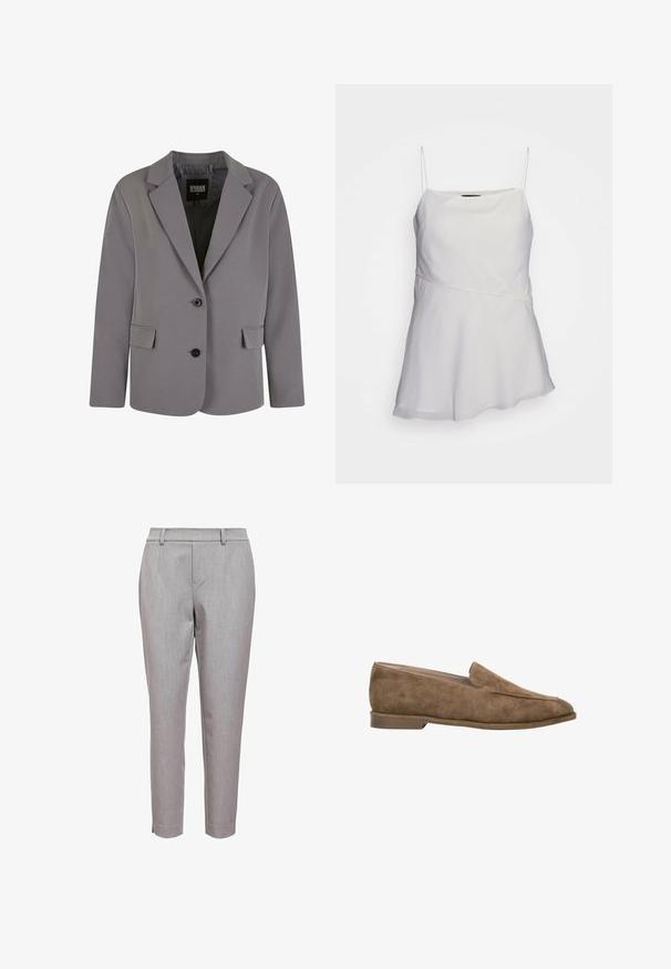 Blazer gris en tissu lisse avec un col en pointe, deux boutons et des poches latérales, doté d'une coupe ajustée et de détails de couture minimalistes.; Haut blanc sans manches avec des bretelles fines, une coupe décontractée et un design asymétrique. Fabriqué dans un tissu lisse et léger.; Pantalons gris ajustés en tissu texturé, avec une taille plate, passants de ceinture et une coupe raccourcie, agrémentés de fentes latérales.; Mocassin en daim marron à enfiler avec petit talon et bout arrondi, vue de côté sur fond blanc.