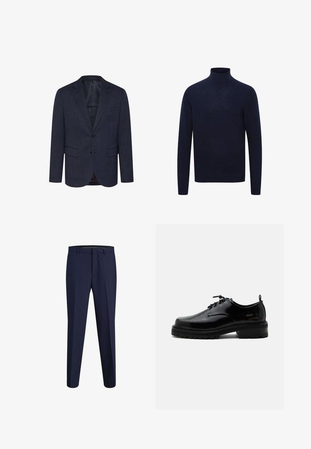 Marineblauwe blazer met een gestructureerd visgraatpatroon, slim fit, twee voorke pockets, een enkele knoopsluiting en een notch-lapel.; Marineblauwe coltrui met lange mouwen en geribde kraag, manchetten en zoom, weergegeven op een witte achtergrond.; Marineblauwe op maat gemaakte broeken van een gladde stof met een platte voorkant, recht gesneden pijpen en een standaard tailleband, voorzien van zijzakken.; Zwarte gepolijste leren veterschoen met dikke rubberen zool en lage hak, zijmerktekst "SAMSOE" en een achterste aantreklus.