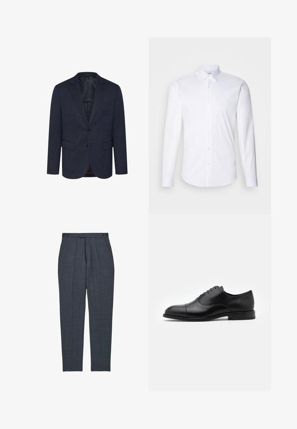 Dunkelblaues Blazer mit strukturiertem Fischgrätmuster, schlanker Schnitt, zwei Fronttaschen, einknopfverschluss und geknöpfter Revers.; Weißes Langarm-Hemd mit Knopfverschluss aus glattem Baumwollstoff, mit klassischem Kragen und abgerundetem Saum.; Dunkelgraue, maßgeschneiderte Hose mit Seitentaschen und knöpfbaren, verstellbaren Bundlaschen, schmale, gerade Beinpassform.; Schwarze Leder-Richterschuhe mit abgerundetem Zehenbereich, Schnürdesign und dezenten Stichdetails. Verfügt über einen niedrigen Absatz und eine glatte Textur.