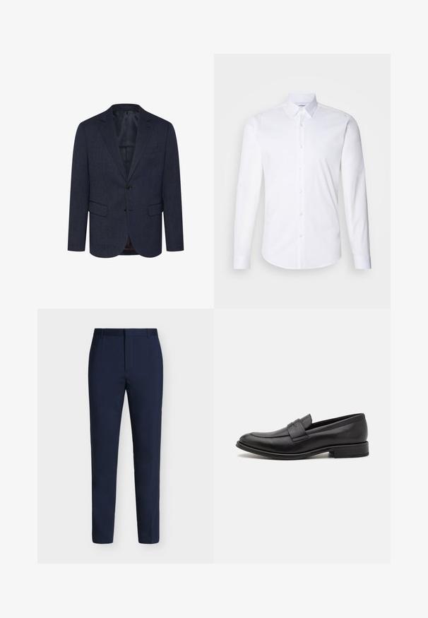 Dunkelblaues Blazer mit strukturiertem Fischgrätmuster, schlanker Schnitt, zwei Fronttaschen, einknopfverschluss und geknöpfter Revers.; Weißes Langarm-Hemd mit Knopfverschluss aus glattem Baumwollstoff, mit klassischem Kragen und abgerundetem Saum.; Marineblaue formelle Hose mit Gürtelschlaufen, verdecktem Frontreißverschluss und schlanken geraden Beinen auf hellem Hintergrund.; Schwarze Lederloafer mit glatter Oberfläche, einem dekorativen Riemen über dem Obermaterial, runder Zehenpartie und einem niedrigen, gestapelten Absatz.