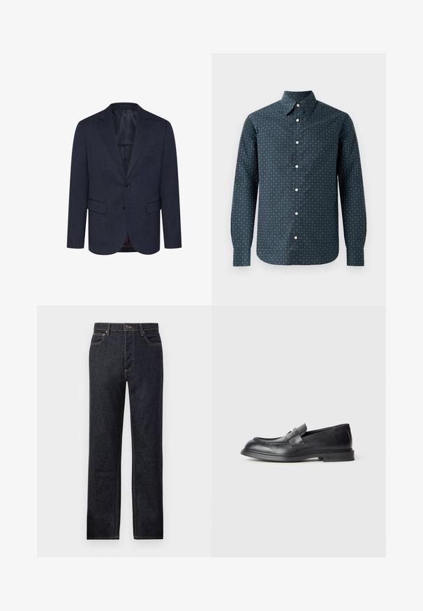 Námornícky modrý blazer s textúrovaným rybím vzorom, slim fit, dve predné vrecká, zapínanie na jeden gombík a klopový golier.; Tmavomodrá košeľa s dlhým rukávom a golierom na gombíky, s geometrickým bielym vzorom, predným gombíkovým zapínaním a manžetami.; Tmavé denimové džínsy so strihaním do rovného strihu, kontrastným žltým prešívaním, päť-pocket dizajnom a predným uzáverom na gombík.; Čierne kožené mokasíny s textúrovaným povrchom, ozdobené dekoratívnym predným pásikom a zaoblenou špičkou. Gumená podrážka pre odolnosť.