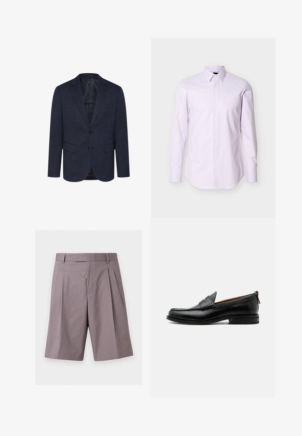 Mørkeblå blazer med et struktureret herringbone mønster, slim fit, to forlommer, enkelt knaplukning og klapkrave.; Lyse lilla herre-skjorte med lange ærmer, knapper foran og spids krave, vist på en ensfarvet hvid baggrund.; Lyse lilla knælange skræddersyede shorts med bæltestropper, foran plisseret og skjult lynlås.; Sort læder herre loafer med moc-tå syning, penny strop, struktureret krave og lav stablet hæl på hvid baggrund.