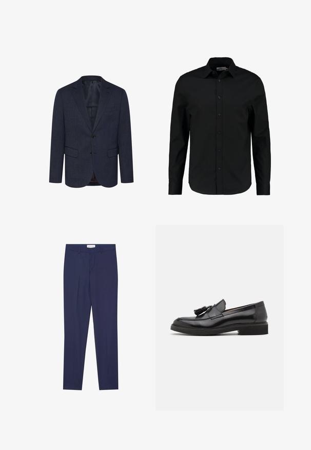 Dunkelblaues Blazer mit strukturiertem Fischgrätmuster, schlanker Schnitt, zwei Fronttaschen, einknopfverschluss und geknöpfter Revers.; Schwarzes Langarmhemd aus glattem Stoff, mit Knopfleiste, spitzem Kragen und taillierter Passform mit abgerundetem Saum.; Marineblau Anzughose aus glattem Stoff, mit geradem Bund, zwei Seiten- und einem Reißverschluss, sowie einem schlichten Saum ohne Muster oder Akzente.; Schwarze Lederl der mit Quastendetail, abgerundetem Zeh und strukturiertem Absatz. Verfügt über eine glatte Oberfläche und ein minimalistisches Design.