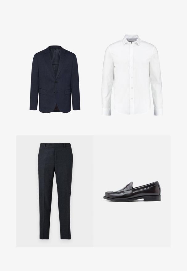 Marineblauwe blazer met een gestructureerd visgraatpatroon, slim fit, twee voorke pockets, een enkele knoopsluiting en een notch-lapel.; Witte lange mouwen overhemd met knopen, gemaakt van glad katoen. Heeft een klassieke kraag en een knoopsluiting aan de voorkant met een rechte zoom.; Donkergrijze op maat gemaakte broeken van textuurstof. Voorzien van een enkele knoopsluiting en een recht model met zijzakken.; Donkerbruine leren loafers met een gladde afwerking, lage hak en decoratief stiksel op de neus. Klassiek ontwerp met een afgeronde silhouet.