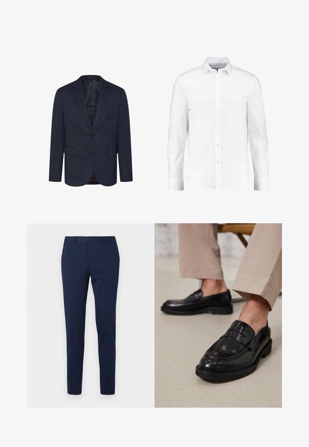 Marineblauwe blazer met een gestructureerd visgraatpatroon, slim fit, twee voorke pockets, een enkele knoopsluiting en een notch-lapel.; Witte lange mouwen overhemd met knopen, gemaakt van glad katoen. Heeft een klassieke kraag en een knoopsluiting aan de voorkant met een rechte zoom.; Marineblauwe pantalon met een rechte pijp, gemaakt van een gladde stof. Voorzien van een knoopsluiting aan de voorkant en twee zijzakken.; Zwarte leren loafers met een gladde afwerking, voorzien van een decoratieve band en contrasterende stiksels, gecombineerd met beige broeken.