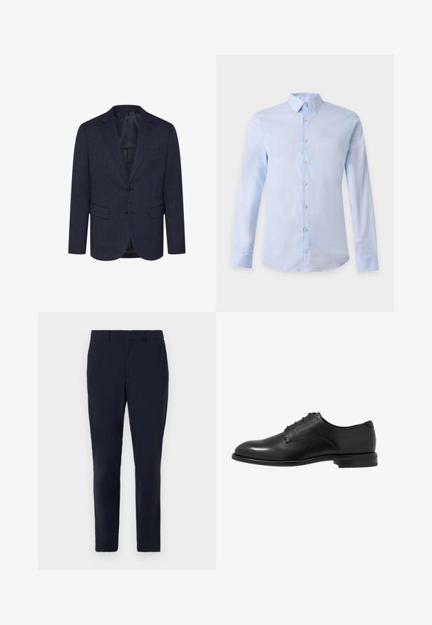 Dunkelblaues Blazer mit strukturiertem Fischgrätmuster, schlanker Schnitt, zwei Fronttaschen, einknopfverschluss und geknöpfter Revers.; Hellblaues Herrenhemd mit langen Ärmeln, klassischem Kragen und weißen Knöpfen vorne auf einfarbigem Hintergrund.; Marineblaue maßgeschneiderte Hose aus gewebtem Stoff, mit flachem Bund, Gürtelschlaufen und schlanker Passform sowie Seitentaschen.; Schwarze Lederschuhe mit glatter Oberfläche, runder Zehenform, sechs Ösen und niedrigem, gestapeltem Absatz. Einfaches, klassisches Design.