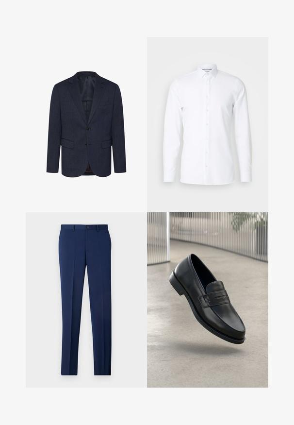 Dunkelblaues Blazer mit strukturiertem Fischgrätmuster, schlanker Schnitt, zwei Fronttaschen, einknopfverschluss und geknöpfter Revers.; Weißes langärmeliges Hemd aus glattem Stoff mit spitzem Kragen und Knopfverschluss. Keine Muster oder Verzierungen.; Marineblaue formelle Hose mit schlanker Passform, flachem Frontdesign und glatter Textur. Merkmale sind ein Einzelknopfverschluss und Gürtelschlaufen.; Schwarzer Lederloafer mit glatter Textur, spitzer Zehe und einem dekorativen Riemen über dem Rist. Leichte Sohle, minimalistisches Design.