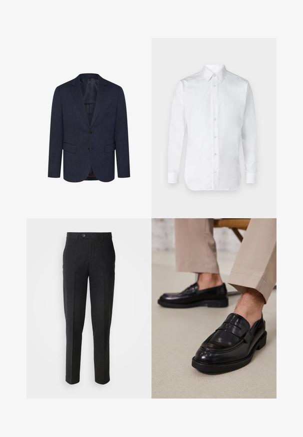 Dunkelblaues Blazer mit strukturiertem Fischgrätmuster, schlanker Schnitt, zwei Fronttaschen, einknopfverschluss und geknöpfter Revers.; Weißes Hemd mit langen Ärmeln, aus glattem Baumwollstoff, mit einem klassischen Kragen und subtiler Glanz. Fünf Knöpfe vorne.; Lindbergh Stoffhose - black melange; Schwarze Lederloafers mit glatter Oberfläche, ausgestattet mit einem dekorativen Riemen und Kontrastnähten, kombiniert mit beigen Hosen.