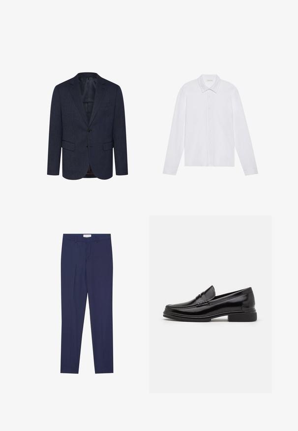 Dunkelblaues Blazer mit strukturiertem Fischgrätmuster, schlanker Schnitt, zwei Fronttaschen, einknopfverschluss und geknöpfter Revers.; Weißes Langarmhemd mit spitzer Kragen, vorderer Knopfleiste und abgerundeten Manschetten, aus einem glatten, weichen Stoff gefertigt.; Marineblau Anzughose aus glattem Stoff, mit geradem Bund, zwei Seiten- und einem Reißverschluss, sowie einem schlichten Saum ohne Muster oder Akzente.; Schwarze Lederloafers mit runder Zehenform, ausgestattet mit einer genähten Detail über dem Vorderschaft und einem niedrigen Blockabsatz. Glatte Textur und glänzende Oberfläche.