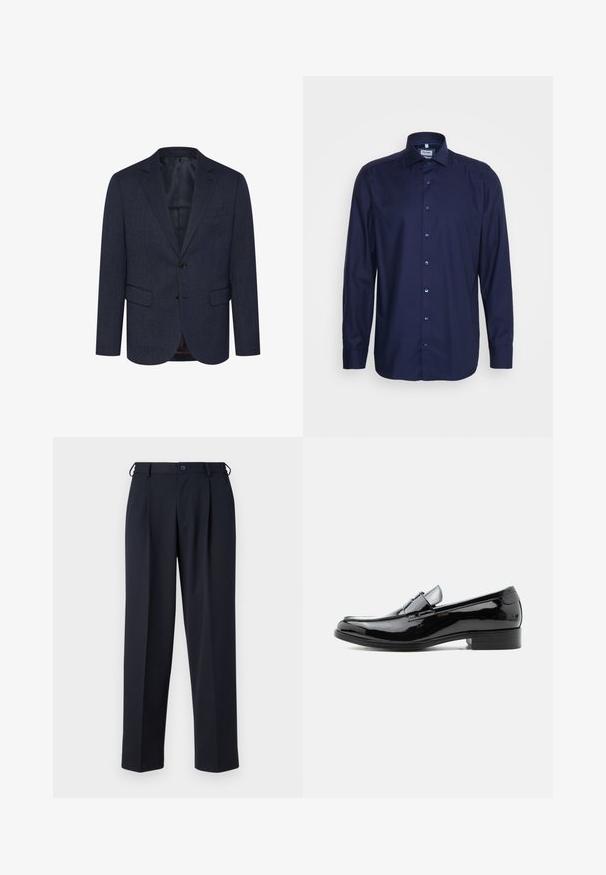 Dunkelblaues Blazer mit strukturiertem Fischgrätmuster, schlanker Schnitt, zwei Fronttaschen, einknopfverschluss und geknöpfter Revers.; OLYMP Level Five Businesshemd - marine; Marineblaue, maßgeschneiderte Hose mit Knopf- und Reißverschluss vorne, Gürtelschlaufen und Seitentaschen, gezeigt auf weißem Hintergrund.; Schwarzer Lackleder-Herrenschuh mit niedrigem Absatz, rundem Zehenbereich und Riemendetail über dem Spann vor weißem Hintergrund.