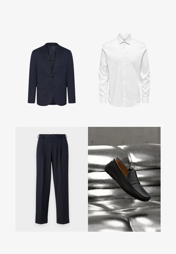 Dunkelblaues Blazer mit strukturiertem Fischgrätmuster, schlanker Schnitt, zwei Fronttaschen, einknopfverschluss und geknöpfter Revers.; Weißes Herrenhemd mit langen Ärmeln, spitzem Kragen und einer vorderen Reihe weißer Knöpfe auf einfarbigem Hintergrund.; Marineblaue, maßgeschneiderte Hose mit Knopf- und Reißverschluss vorne, Gürtelschlaufen und Seitentaschen, gezeigt auf weißem Hintergrund.; Schwarzer Lederloafer, der über einem glänzenden silberfarbenen, gesteppte Ledersofa mit weicher Beleuchtung schwebt.