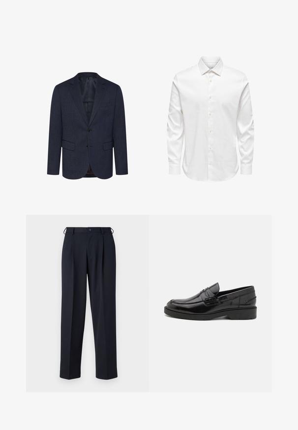 Marineblauwe blazer met een gestructureerd visgraatpatroon, slim fit, twee voorke pockets, een enkele knoopsluiting en een notch-lapel.; Wit herenshirt met lange mouwen, een puntige kraag en een rij witte knopen aan de voorkant op een effen achtergrond.; Donkerblauwe op maat gemaakte broek met knoop- en ritsluiting aan de voorkant, riemlussen en zijzakken, getoond op een witte achtergrond.; Zwarte leren instappers met een gladde afwerking, ronde neus, lage hak en decoratieve stiksels aan de voorkant. Rubberen buitenzool voor grip.
