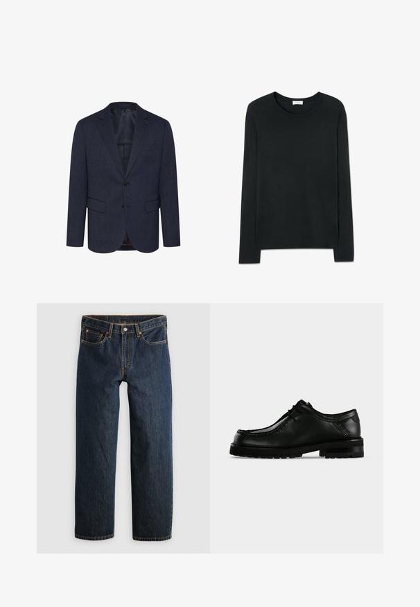 Dunkelblaues Blazer mit strukturiertem Fischgrätmuster, schlanker Schnitt, zwei Fronttaschen, einknopfverschluss und geknöpfter Revers.; Schwarzes Langarmshirt aus weichem Baumwollmaterial. Es hat einen runden Halsausschnitt und eine gerade Passform ohne Muster oder Verzierungen.; Dunkelblaue Jeans aus Denim mit geradem Bein. Verfügen über fünf Taschen, kontrastierende Naht und eine Knopfverschluss am Bund.; Schwarzer Leder-Schnürschuh mit dicker Gummisohle und Moc-Toe-Naht, von der linken Seite vor hellem neutralem Hintergrund gezeigt.