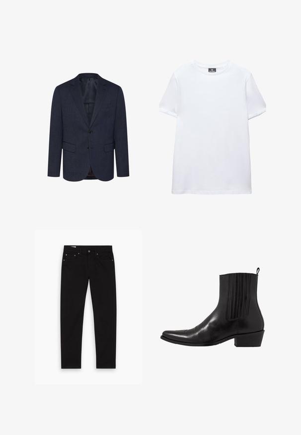 Dunkelblaues Blazer mit strukturiertem Fischgrätmuster, schlanker Schnitt, zwei Fronttaschen, einknopfverschluss und geknöpfter Revers.; Einfaches weißes T-Shirt mit kurzen Ärmeln und Rundhalsausschnitt mit einem schwarzen Pull&Bear-Etikett innen am Kragen, abgebildet auf weißem Hintergrund.; Schwarze gerade Jeans mit Vorder- und Gesäßtaschen, Gürtelschlaufen sowie einem Knopf- und Reißverschluss, flach auf einem weißen Hintergrund ausgelegt.; Schwarze Leder- ankle boot mit spitzem Zehenbereich, elastischen Seitenpaneelen, vertikalen Steppnähten und einem niedrigen Blockabsatz.