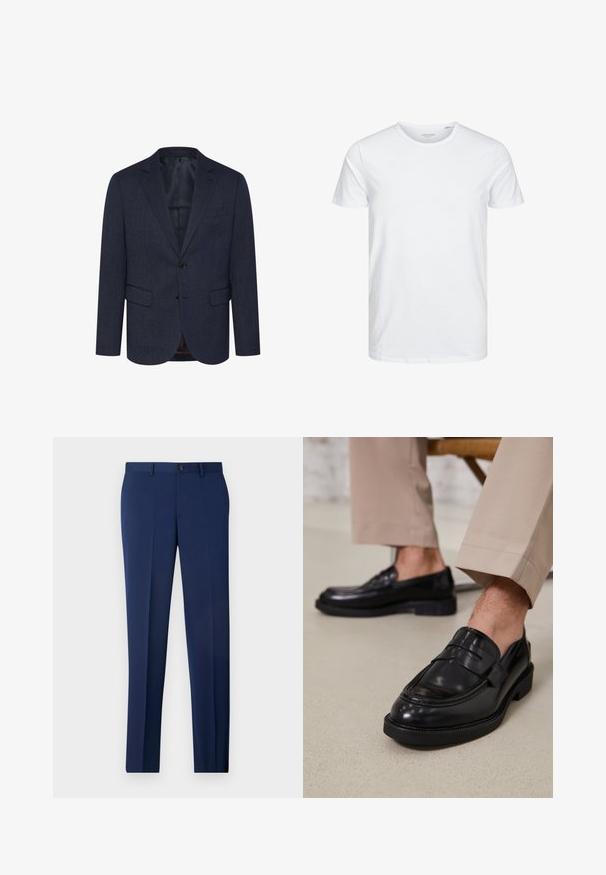 Dunkelblaues Blazer mit strukturiertem Fischgrätmuster, schlanker Schnitt, zwei Fronttaschen, einknopfverschluss und geknöpfter Revers.; Rundhals-T-Shirt mit kurzen Ärmeln in reinem Weiß, aus weicher Baumwolle, mit einem schlichten Design ohne sichtbare Muster oder Akzente.; Marineblaue formelle Hose mit schlanker Passform, flachem Frontdesign und glatter Textur. Merkmale sind ein Einzelknopfverschluss und Gürtelschlaufen.; Schwarze Lederloafers mit glatter Oberfläche, ausgestattet mit einem dekorativen Riemen und Kontrastnähten, kombiniert mit beigen Hosen.