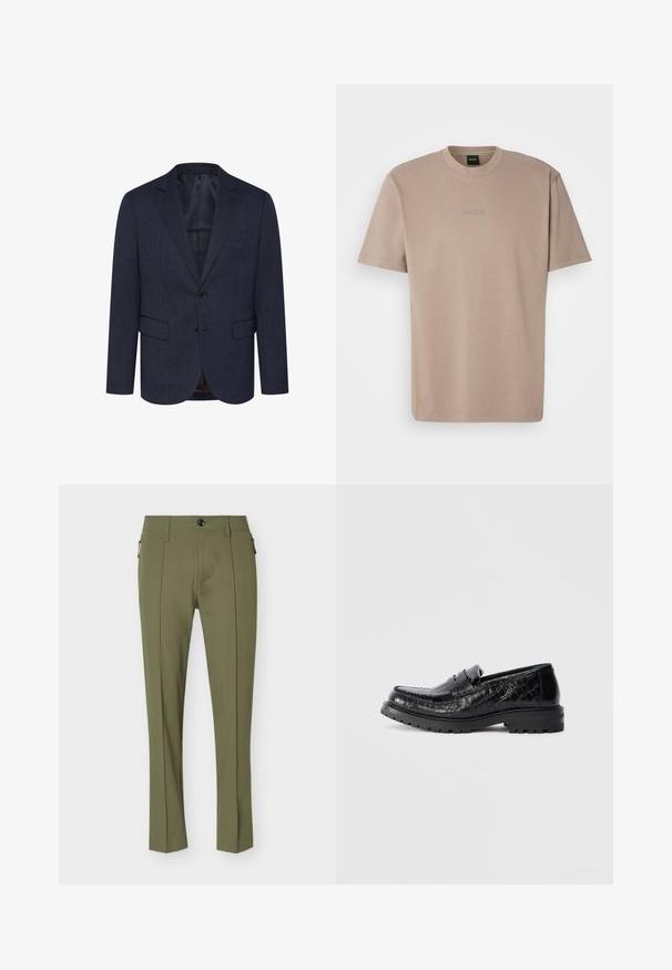 Námornícky modrý blazer s textúrovaným rybím vzorom, slim fit, dve predné vrecká, zapínanie na jeden gombík a klopový golier.; Beige krátky rukáv tričko z jemnej bavlny s okrúhlym výstrihom, na hrudi s vyšitým logom "BOSS".; Úzke olivovo zelené nohavice so záhybom vpredu, zapínaním na gombík, pútkami na opasok a bočnými vreckami so zipsom.; Čierne loafery z kože s krokodílim vzorom, s hrubou podrážkou a peňažným pásikom, bočný pohľad, izolované na svetlošedom pozadí.