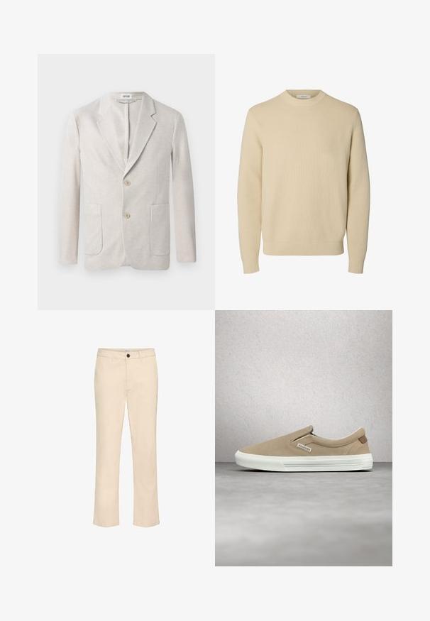 Beige neulepuku, jossa on yksirivinen muotoilu, leikkaukselliset kaulukset, kaksi etutaskua ja kaksi nappikiinnitystä. Suoma tekstuuri.; Yksinkertainen beige pyöreäkauluksinen neulepaita, jossa pitkät hihat ja resorireunukset hihoissa ja helmassa.; Beiget puuvillahousut suoralahkeisella mallilla, joissa on edessä nappikiinnitys ja tavalliset vyölenkit. Sileä pinta ja yksivärinen kuvio.; Ruskeat mokkanahkaiset slip-on-tennarit, joissa on valkoinen kumipohja, yksinkertainen muotoilu ja pieni logotunniste sivulla. Pintamassa on tasainen ja sileä.