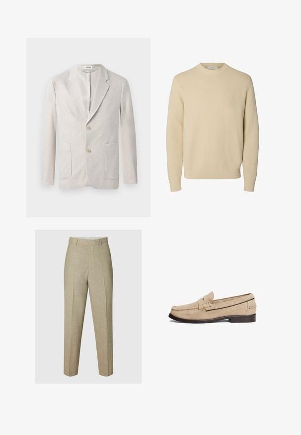 Blazer de punto beige con diseño de un solo botón, solapas con muesca, dos bolsillos delanteros y dos cierres de botón. Textura suave.; Jersey de punto beige liso con cuello redondo, mangas largas y puños y bajo acanalados.; Pantalones beige a medida con pliegue delantero, trabillas para cinturón y corte recto, mostrados sobre un fondo neutro.; Mocasines de ante beige con un diseño cosido, un detalle en la banda delantera y una suela marrón oscuro. Presentan el logo "HILFIGER" estampado en el lateral.