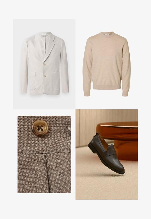 Blazer de punto beige con diseño de un solo botón, solapas con muesca, dos bolsillos delanteros y dos cierres de botón. Textura suave.; Jersey beige de manga larga y cuello redondo, hecho de tela de punto suave, con puños y dobladillo acanalados, diseñado para hombres.; Tejido marrón texturizado con un prominente botón redondo que presenta un patrón de cruz en el centro y un pequeño bolsillo con abertura debajo.; Mocasín de cuero marrón oscuro con un tacón bajo flotando sobre una alfombra beige, junto a una mesa brillante, redondeada y de color ámbar.