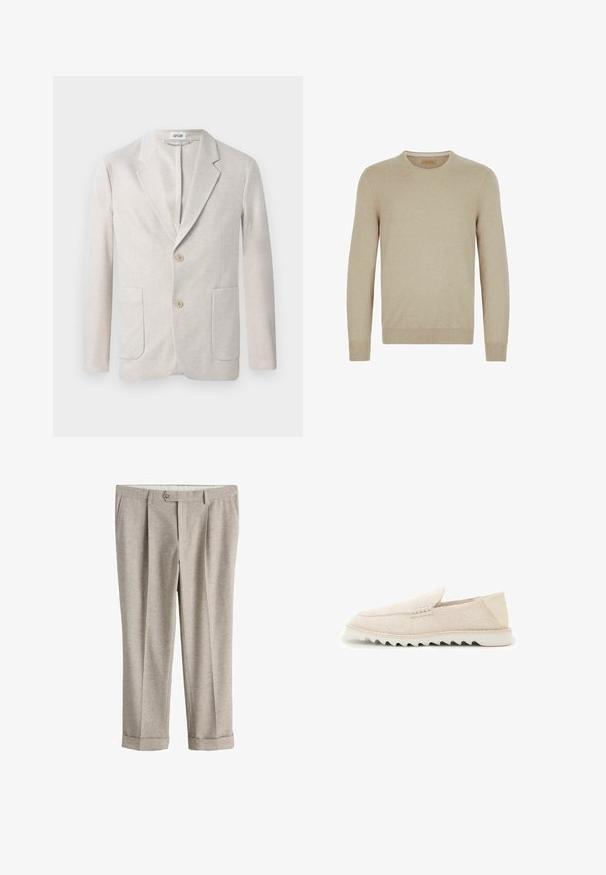 Beige strikjakke med enkeltknap design, klippet krave, to forlommer og to knaplukninger. Glat tekstur.; Beige striktrøje med lange ærmer, rund halsudskæring og ribbede cuffs og kant. Glat tekstur uden synlige mønstre eller dekorationer.; Lysebeige skræddersyede bukser med knaplukning, bæltestropper, sidelommer og omslag ved buksebenene.; Beige ruskind slip-on loafer med takkede hvide gummisåler og glat hælplamage, vist i sideprofil på hvid baggrund.