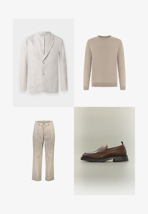 Blazer de punto beige con diseño de un solo botón, solapas con muesca, dos bolsillos delanteros y dos cierres de botón. Textura suave.; Suéter beige de manga larga hecho de tela suave y de punto fino. Presenta un cuello redondo y puños y dobladillo acanalados para un ajuste ceñido.; Pantalones de mezcla de lana beige con corte recto, que cuentan con dos pliegues frontales, cierre de botón y bolsillos laterales. Textura suave.; Mocasín de cuero marrón con tira texturizada, suela negra gruesa y pequeña pestaña de tela en el talón sobre un fondo neutro.