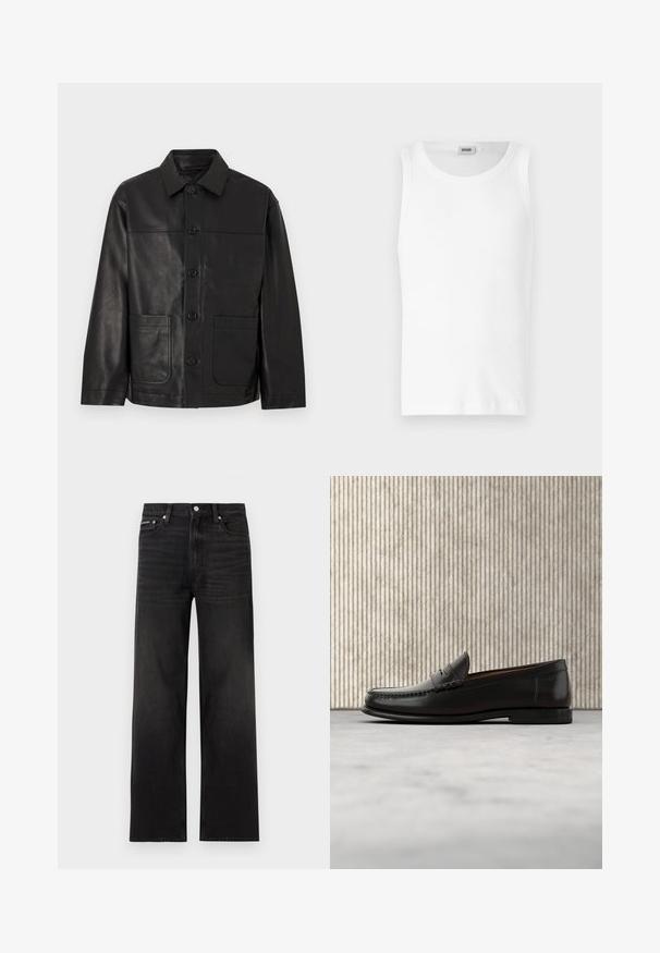 Black leather button-up jacket with collar and two large front patch pockets, displayed against a plain light background.; White cotton sleeveless tank top with a round neckline and a smooth texture. Simple design, no patterns or accents.; Black straight-leg jeans with five-pocket design, belt loops, and button closure, displayed on a white background.; Black leather penny loafer with low heel, rounded toe, and stitched detailing along the front and sides, shown on neutral background.